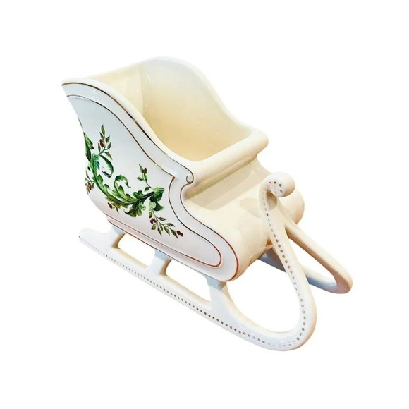 FTD Ceramic Christmas Holiday Sleigh 9” Ivory Green EUC - Picture 1 of 8